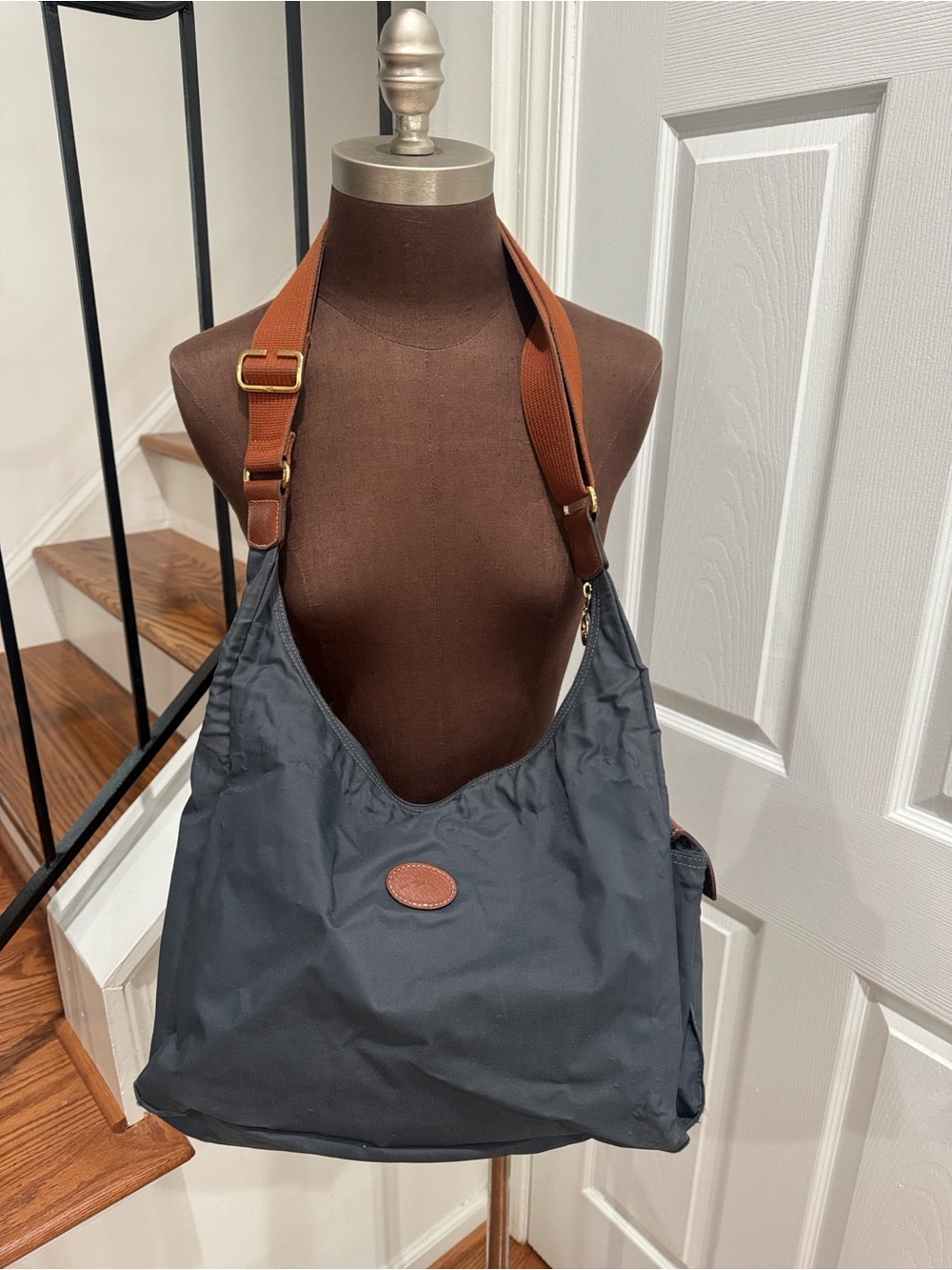 Longchamp Gray Nylon Messenger Bag with Brown Strap
